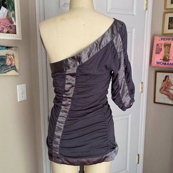 DREAM CULTURE Gunmetal Gray Y2K Satin trim Ruched One Shoulder club Tank *MED* - Picture 4 of 5